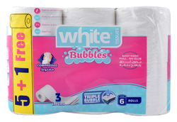 White Tissues Bubbles Soft Toilet Tissue Rolls 3Ply (5+1 Free) - 6 Per Pack